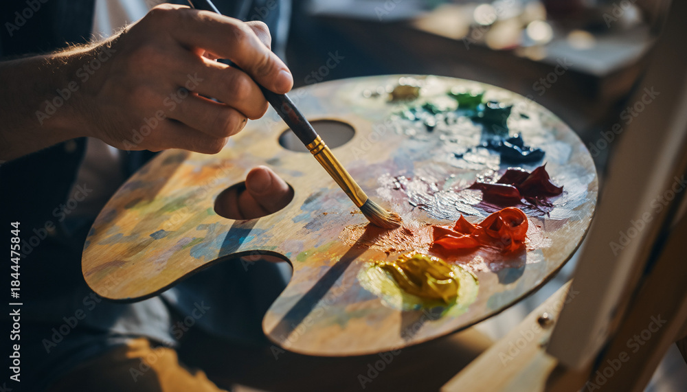 Obraz premium Close Up of Colorful Oil Paint Palette with Artist Hand and Brush, Painting Process, Creative Art Concept, Studio Lighting and Texture Detail