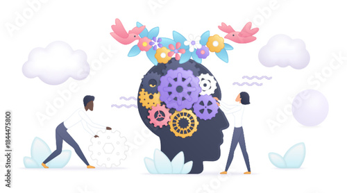 Human head silhouette filled with colorful gears, flowers, and birds symbolizing mental health, emotional balance, and positive thinking, isolated on white background vector illustration