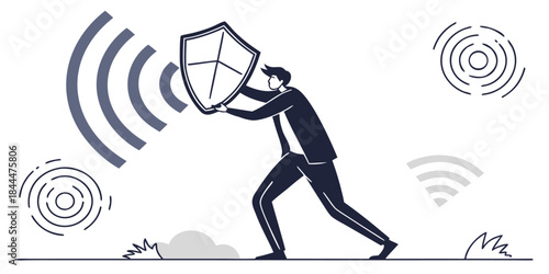 Vector illustration of a young business woman with a megaphone jumping in action alongside a silhouette of a fitness athlete and basketball player running in a sports competition