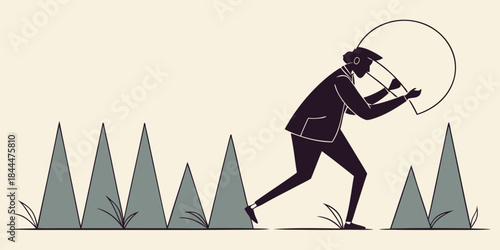Vector illustration of a businessman in a suit and a person with a backpack featuring the silhouette of a man running among diverse people and a boy in a sport cartoon art style