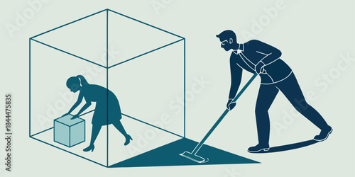 A black vector illustration shows a man and woman walking as silhouettes, portraying a businessman and person in an artistic business style among people