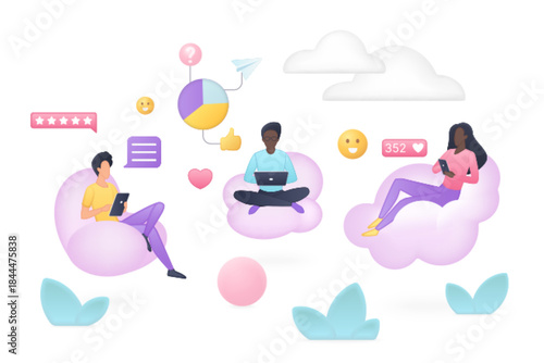 Modern users interact digital devices surrounded volumetric social media icons emojis feedback elements perfect online communication networking concepts isolated white background vector illustration.