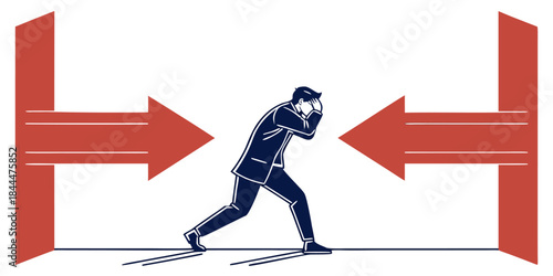 Vector illustration of a businessman athlete running with a red arrow toward a competition flag while carrying a football like a rugby player