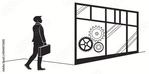 Vector illustration of a silhouette woman in a cage at a city window as a symbolic art design for business people