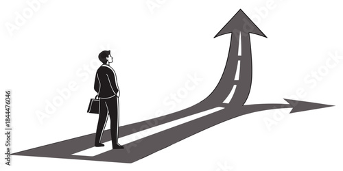 3d businessman character running on a red success arrow sign showing leadership and direction for a business person following the path to competition victory