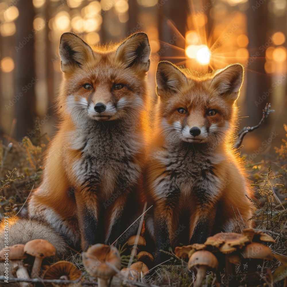 Obraz premium Two charming red foxes peacefully sit amidst a lush forest setting. The animals appear relaxed and curious, creating a serene and natural scene. Perfect for nature, wildlife, or animal photography.