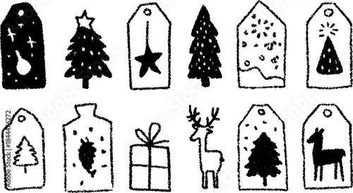 Christmas labels and tags featuring trees, stars, and reindeer. Simple black and white vector illustration set with hand-drawn designs.