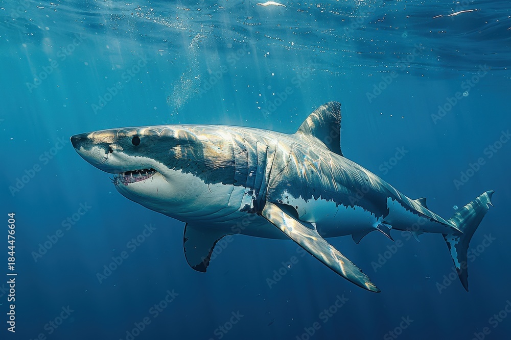 Fototapeta premium A majestic great white shark gracefully swims through the deep blue ocean, with bubbles rising from its mouth, highlighting its powerful presence in the underwater world.