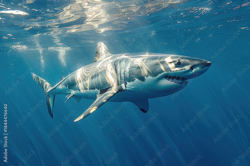Fototapeta premium A magnificent great white shark gracefully swims through the ocean depths, prominently displaying its formidable teeth and hydrodynamic physique.