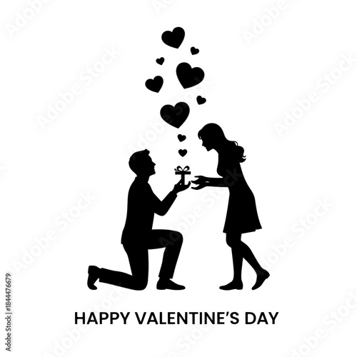 Romantic Valentine's Day Silhouette of Man Proposing to Woman on Transparent Background
