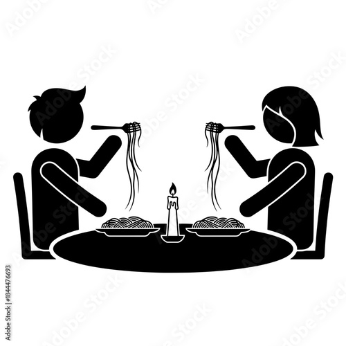 Silhouette couple enjoying romantic spaghetti dinner icon on Transparent Background
