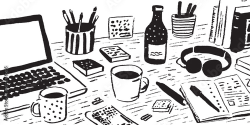Workspace with a laptop, coffee cup, and notebook. Black and white vector illustration showcases tools in a simple set.