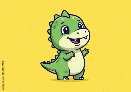 Cute cartoon baby dinosaur waving hello.