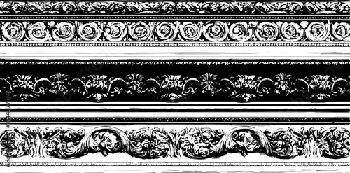 Intricate floral border pattern in black and white. Elegant vintage ornamental vector illustration with elaborate details, suitable for a decorative set.