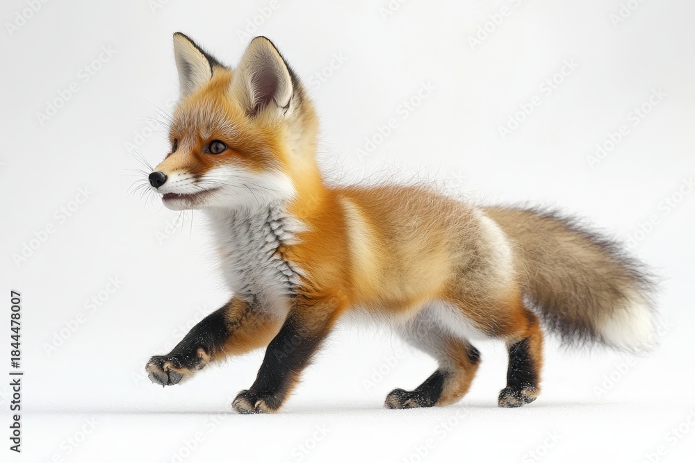Obraz premium A vibrant image of a fox captured in mid-stride, showcasing its agility and grace against a clean white background. Perfect for marketing, website design, and illustrative purposes.