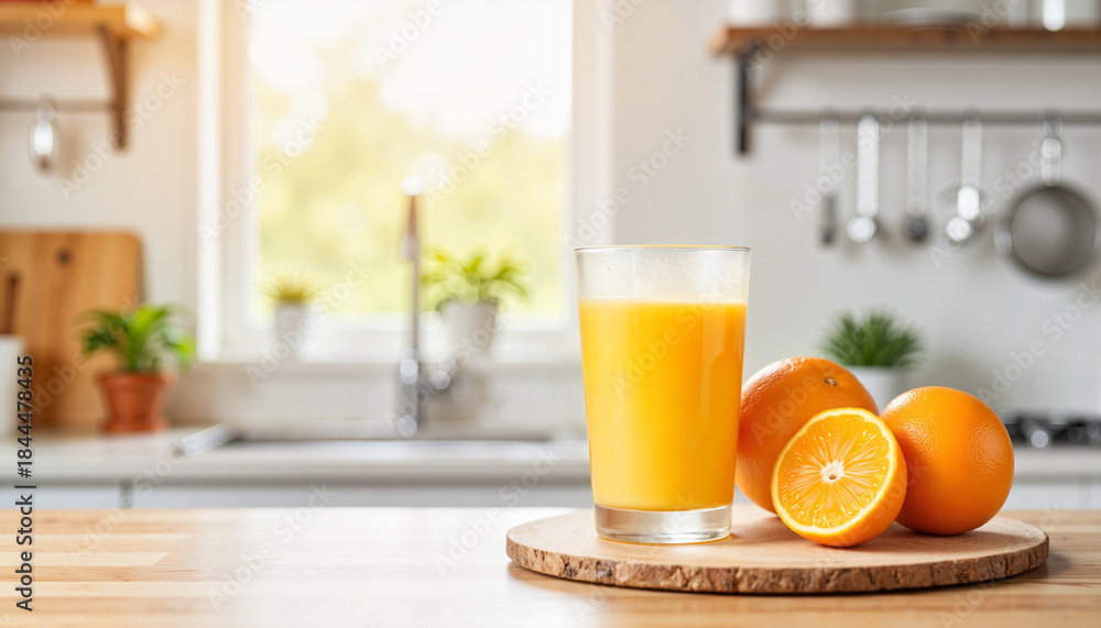 Fototapeta premium Refreshing orange juice and fresh oranges on wooden table, healthy lifestyle