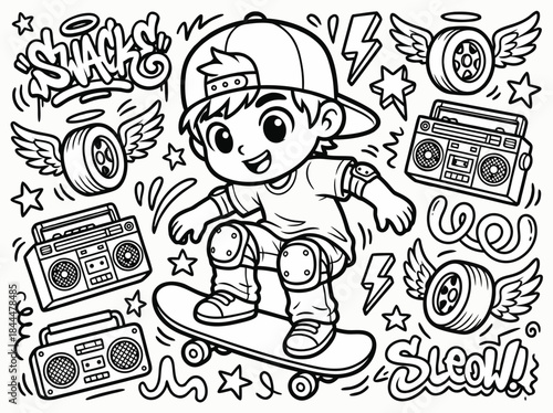 Cute Cartoon Boy Skateboarder with Boomboxes and Wheels.