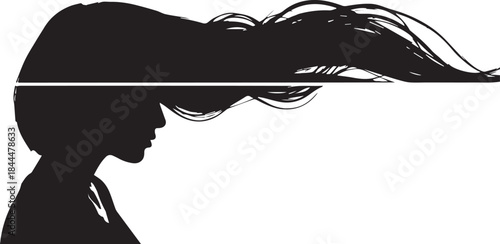 Silhouette of a woman with long, flowing hair, creating a striking visual contrast against a white background