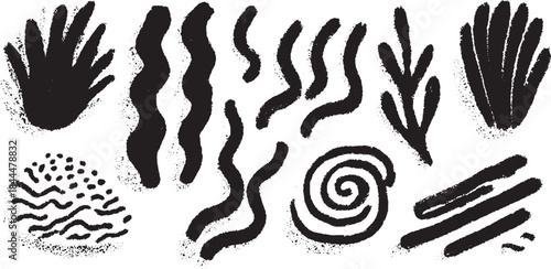 Black pattern with unique shapes and textures. Abstract vector illustration featuring lines and waves in a set design.