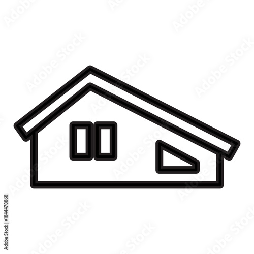 Outline drawing of a house with an asymmetrical, single-pitched (skillion) roof that slopes sharply down left to right. Related to modern architecture, residential design, energy-efficient building