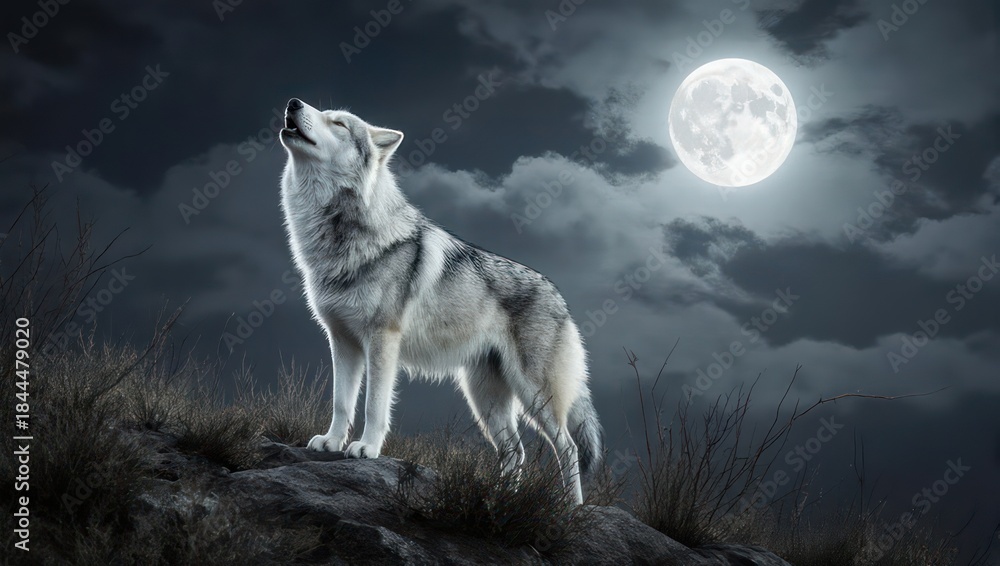 Naklejka premium Lone Wolf Howling at the Moon in the Night Sky.