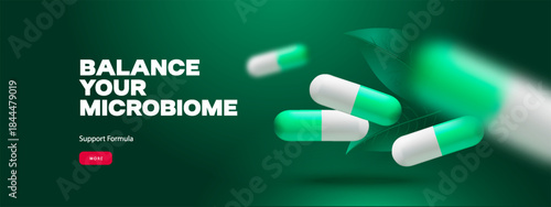 3d probiotics banner template. Probiotic capsules with lactobacillus. Healthcare, medicine, supplements, pharmaceutical background. Vector illustration