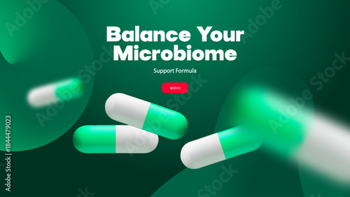 3d probiotics banner template. Probiotic capsules with lactobacillus. Healthcare, medicine, supplements, pharmaceutical background. Vector illustration