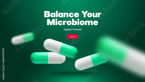 Probiotics banner template. Probiotic capsules with lactobacillus. Healthcare, medicine, supplements, pharmaceutical background. 3D vector illustration
