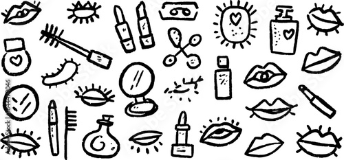 Makeup and cosmetics elements in a hand-drawn style. Features lips, a mirror, lipstick, and beauty products in a black and white vector illustration set.