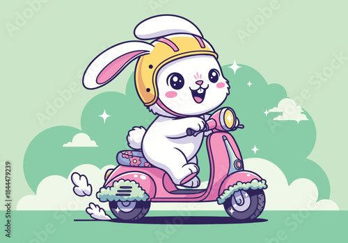 Cute cartoon bunny riding a pink scooter with a yellow helmet.