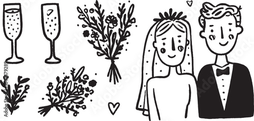 Wedding couple vector illustration with glasses and flowers. Simple design featuring a groom, bride, and bouquet in a flat style set.