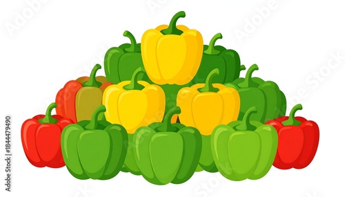Colorful peppers of red, yellow, & green are stacked in a pyramid against a white background in a cartoon art style