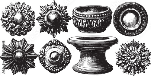Collection of decorative pots and vases. Elaborate designs in black and white vector illustration, showcasing classic and modern styles in a set.