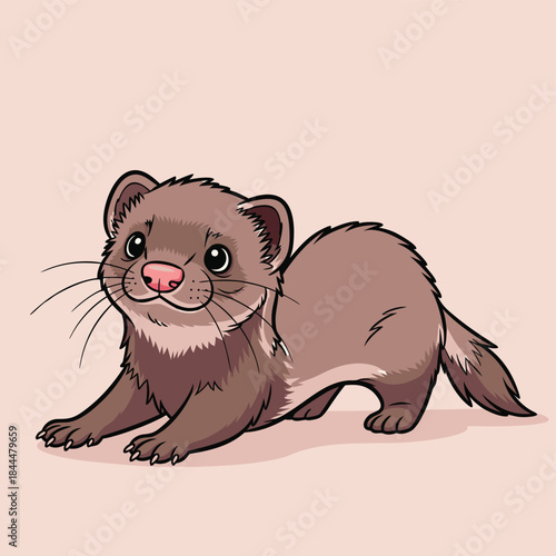 Cute cartoon ferret lying down on a light pink background.