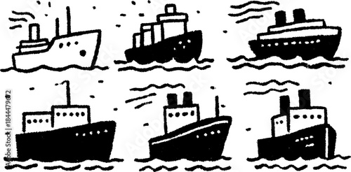 Silhouette ships and boats in a hand-drawn doodle style. Simple black outline vector illustration set depicting marine transport.