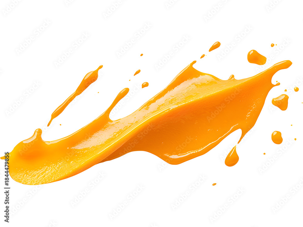 Naklejka premium Bright mango puree splash captured in dynamic motion, ideal for juice ads, tropical drink branding, summer promotions, and energetic food compositions.