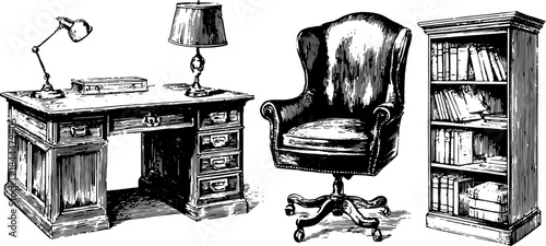 Furniture set including a desk, chair, and bookshelf. Vintage wood design with a hand-drawn style, ideal for an office vector illustration.