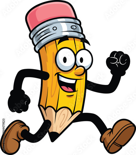 Cartoon pencil character running, pink eraser, smiling face, expressive pose, school theme, fun design, flat vector illustration
