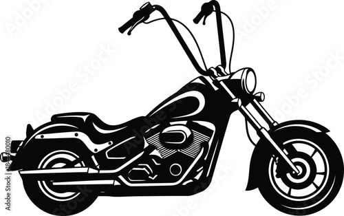 Black and white graphic of a custom cruiser motorcycle