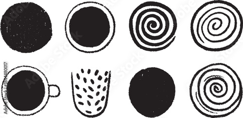 Black patterns featuring circles and spirals in a simple design. Minimal vector illustration set includes a coffee cup.