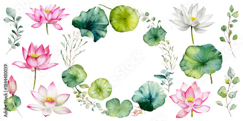 Beautiful watercolor lotus flower and leaf wreath for elegant floral designs