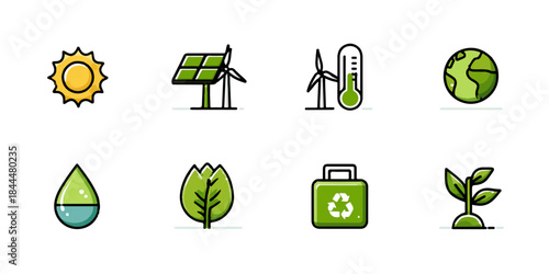 A diverse set of colorful ecology and environmental conservation line icons for sustainability