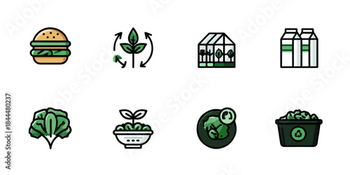 Sustainable food and agriculture icons illustrating healthy eating and eco-friendly practices