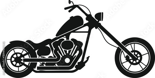 Black silhouette of a chopper motorcycle on a white background