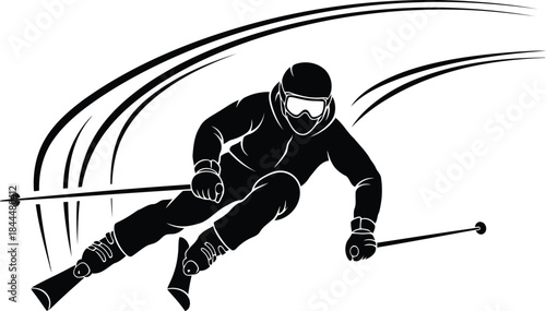 Black silhouette of a skier in motion on white background 1