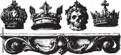 Illustration of crowns and a skull in vintage style. Decorative vector set featuring unique, elaborate designs and fine details.
