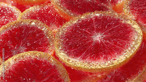 Close-up of grapefruit slices with water droplets
