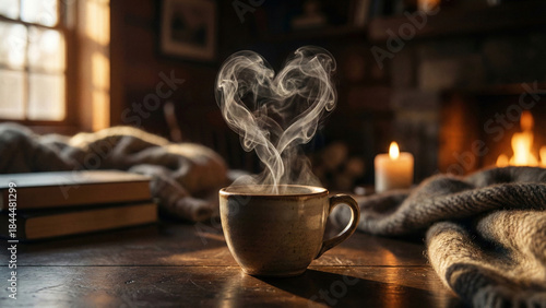 Cozy Coffee Scene with Heart Steam and Candlelight