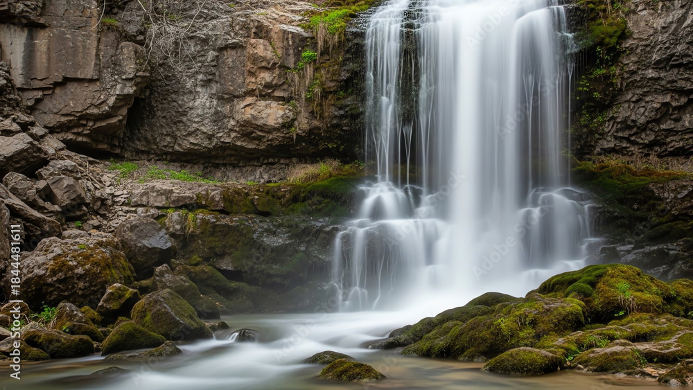 Fototapeta premium Serene waterfall cascading over rocks in lush green landscape 