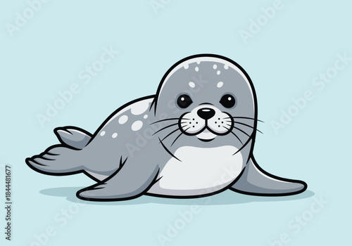 Cute cartoon seal lying down on a light blue background.